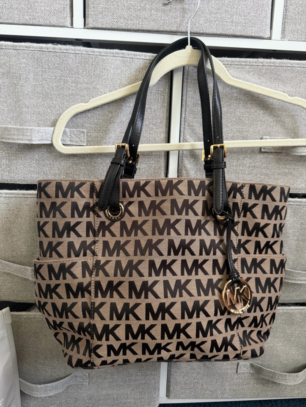 Michael Kors Brown MK Logo Tote with Black Handles and Gold Hardware